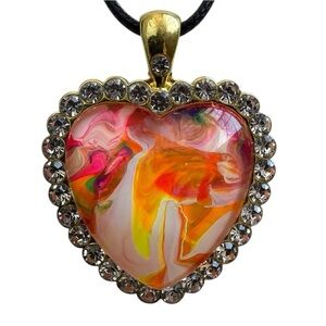 Handmade Heart Pendant Necklace Pink Orange Fluid Art Crystal Gold Tone